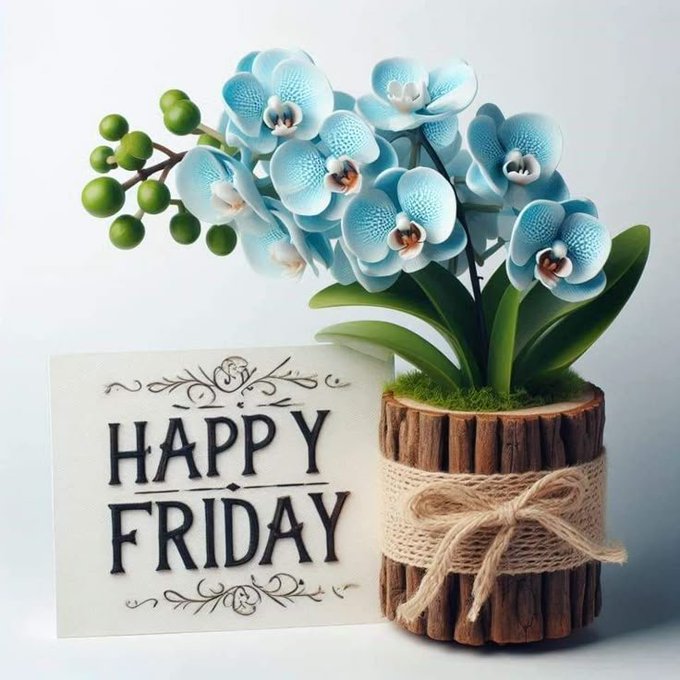 The image shows blue orchid flowers in a rustic wooden planter wrapped with burlap and twine, alongside a card reading "HAPPY FRIDAY." The flowers and cheerful greeting visually reinforce the post's uplifting message welcoming a fresh, opportunity-filled Friday.