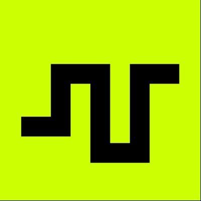 A simple graphic features a thick, black geometric shape resembling a stylized maze or angular steps set against a bright, solid yellow-green background.