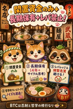 A colorful Japanese-style promotional poster featuring cartoon animals (a Shiba Inu, a cat, and a raccoon dog/tanuki) advertising ramen, with text highlighting '閉運資金のみ＋長期保有＋レバレッジ' and 'BTCは忍耐と哲学の修行なり'.