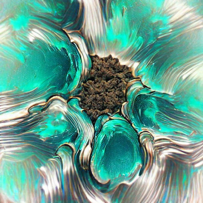!!!The image contains a beautiful turquoise crystal with an irregular shape and jagged edges, giving it a natural and organic feel. There are five pieces of the crystal scattered around its surface, creating a striking visual effect. The picture also includes a watermark that reads "@objktcom #VQGAN #CLIP".