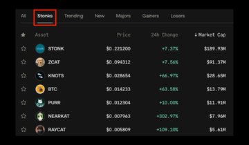 A cryptocurrency market dashboard highlighting the 'Stonks' tab, showing assets like STONK ($0.22, +7.37%), ZCAT ($91.37M cap), KNOTS (+66.97%), BTC ($13.79M cap), PURR (+10.00%), NEARKAT (+302.97%), and RAYCAT (+309.10%).