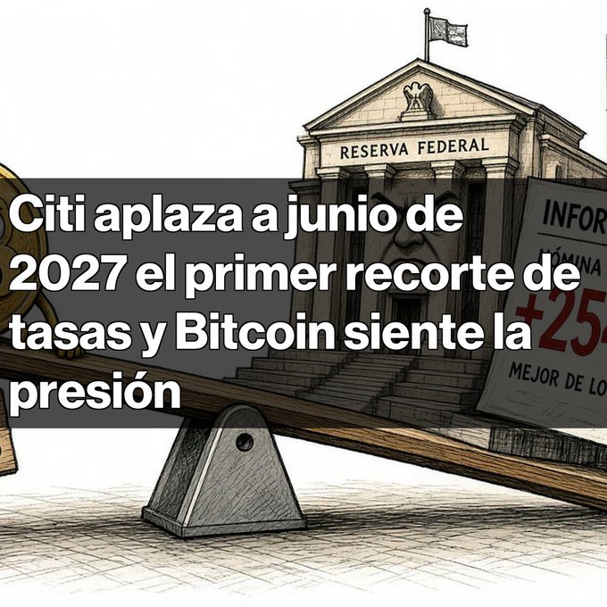 An illustration of a Federal Reserve ('RESERVA FEDERAL') building on a seesaw, with Spanish text overlay reading 'Citi aplaza a junio de 2027 el primer recorte de tasas y Bitcoin siente la presión'.