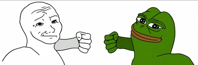 A classic 'Wojak vs. Pepe the Frog' internet meme depicts the black-and-white Wojak character and the green Pepe character extending their fists for a fist bump.