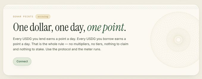 A minimalist web interface for 'DENAR POINTS' displaying the tagline 'One dollar, one day, one point.' alongside a circular geometric pattern.