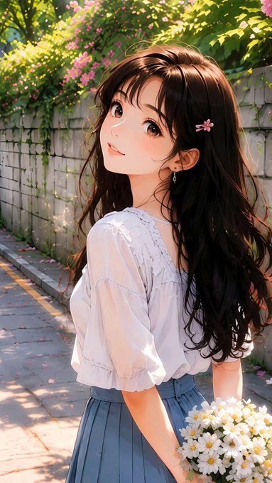 An anime-style illustration shows a smiling girl with long dark wavy hair, wearing a white blouse and blue skirt, holding a bouquet of white flowers near a stone wall with pink blossoms.