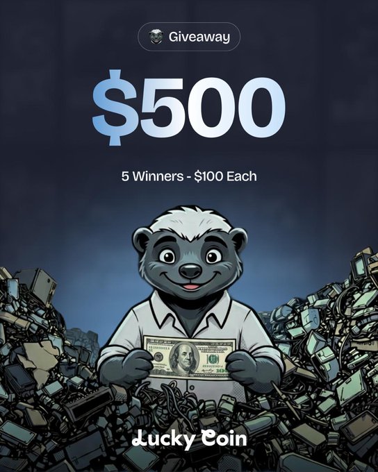The image depicts an advertisement for a Lucky Coin event. A cartoon piggy bank-like character is holding a stack of US $500 bills up against a dark background, with the text "LuckyCoin X Winify Community Giveaway" written above. The post also indicates that there are five winners, each receiving $100 as part of the draw. This event appears to be related to social media, as users can follow the post and tag their friends for additional mentions.