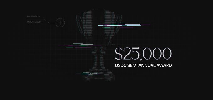 A dark, glitch-style graphic features a faint trophy silhouette alongside the text "$25,000 USDC SEMI ANNUAL AWARD," highlighting the $25k eternal award prize for Colosseum's hackathon as mentioned in the post about Solana builders.