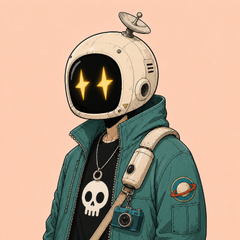 A digital illustration of an astronaut-style character wearing a green jacket, a skull t-shirt, and a white helmet with glowing yellow star-shaped eyes and an antenna, set against a solid peach background.