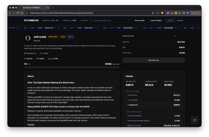 A web browser showing the Futanoid platform on Solana with a project named 'ordr.trade' ($ORDR) at $0.015 and an FDV of $387K.