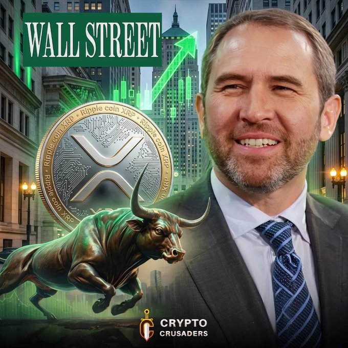 A promotional graphic featuring a smiling man in a suit beside a bronze Wall Street bull and a large XRP (Ripple coin), with a green candlestick chart trending upward and 'WALL STREET' text in the top left and 'CRYPTO CRUSADERS' logo at the bottom.