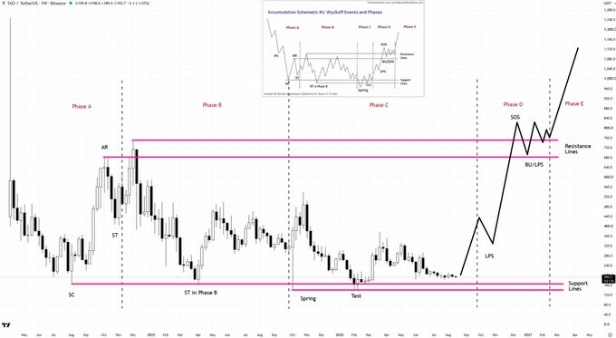 A daily candlestick chart of $TAO/BinanceUSDT displaying the Wyckoff Accumulation phases (A through E), with annotations marking key events such as SC (Selling Climax), AR (Automatic Rally), ST (Secondary Tests), Spring, Test, LPS (Last Point of Support), BU/LPS (Back-Up), and SOS (Sign of Strength), plotted between horizontal support and resistance lines. An inset diagram at the top references Wyckoff Events and Phases, illustrating the classic accumulation schematic the chart attempts to model.