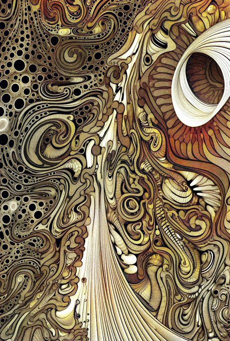 An intricate, swirling abstract illustration in warm earth tones of brown, gold, and cream features flowing organic patterns, dotted textures, and a prominent circular eye-like shape in the upper right.