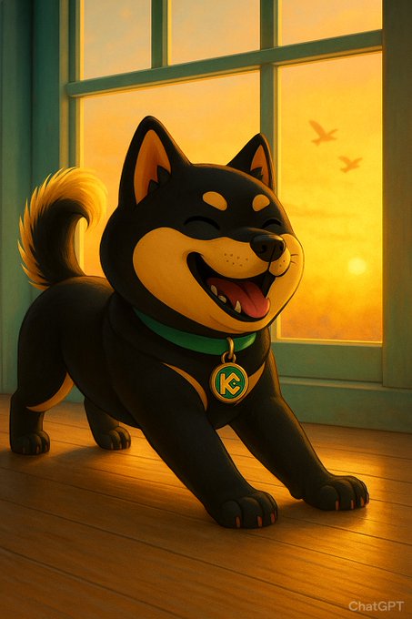 An illustrated black Shiba Inu dog with a 'K' tag smiles playfully by a window at sunset, with 'ChatGPT' watermarked in the corner.