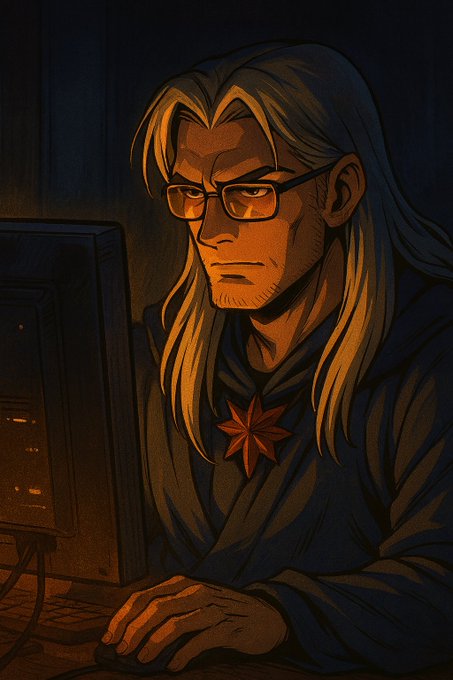 The image features an older man with long hair wearing glasses sitting at a desk using a computer. He appears to be focused on his work or possibly browsing the internet, as he has a keyboard and mouse nearby. The background of the image is dark, which adds to the overall atmosphere of the scene.