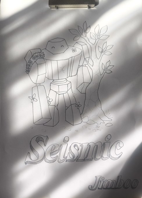 A pencil sketch on paper shows a geometric robot-like figure beside leafy plants with the word 'Seismic' written below and 'Jimboo' as an artist signature.
