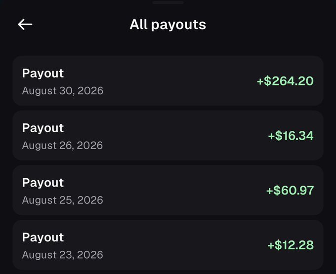 A mobile app screenshot titled 'All payouts' shows a list of transactions including +$264.20 on August 30, 2026, +$16.34 on August 26, +$60.97 on August 25, and +$12.28 on August 23.