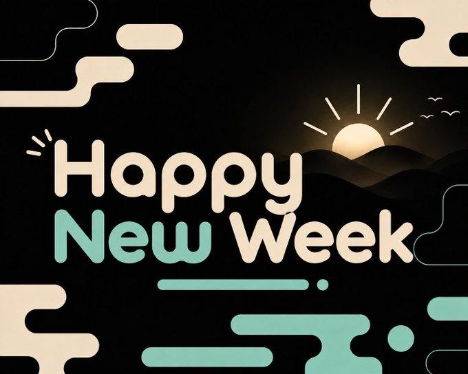 A graphic design featuring the text 'Happy New Week' in beige and teal colors against a black background, with decorative wavy shapes and a sunrise over hills.