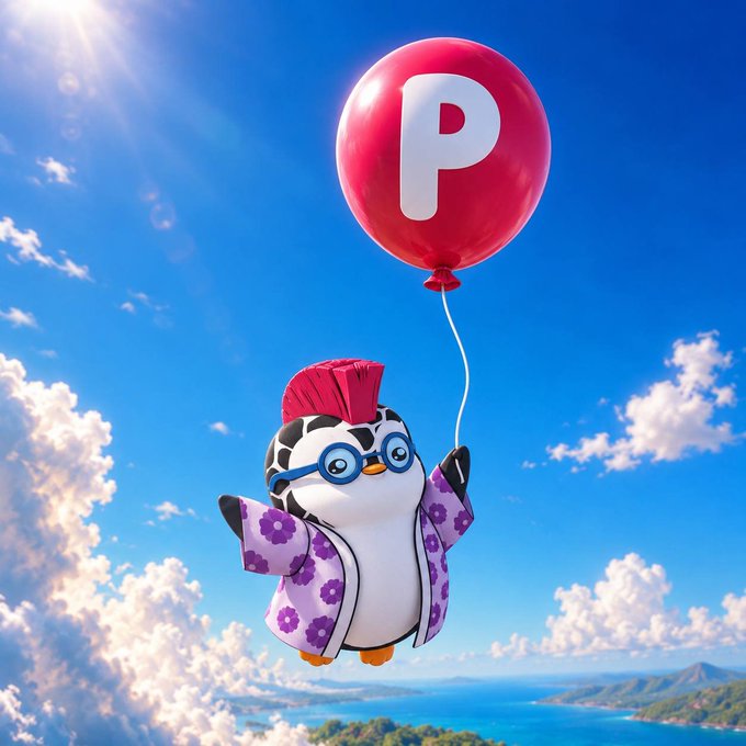 A 3D-rendered illustration of a penguin wearing glasses, a cow-print hood, and a purple floral jacket, floating in the sky while holding a pink balloon with a white 'P' on it.