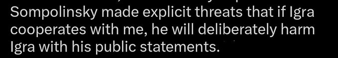 The image displays a text excerpt alleging that Sompolinsky threatened to harm Igra with public statements if Igra cooperates with the accuser. The caption relates to accusations circulating within the $KAS community questioning the credibility of this claim directed at @Igra_Labs and @hashdag.