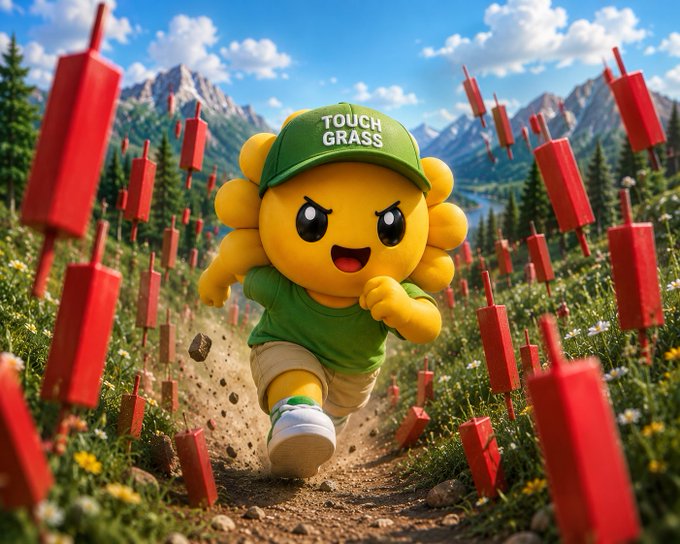 A 3D-rendered yellow flower-like character wearing a green 'TOUCH GRASS' cap and shirt runs through a mountain meadow filled with red stick-like objects.