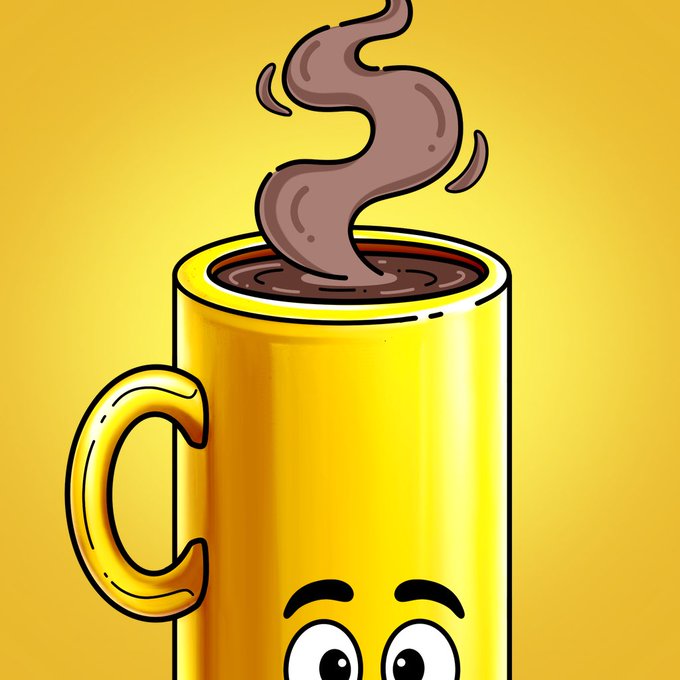 A cartoon illustration of an anthropomorphized yellow coffee mug with eyes at the bottom, featuring steam rising from the coffee inside, with the letter 'C' visible on the side against a yellow background.