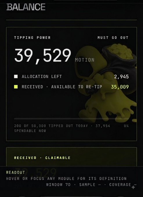 A dark interface showing 'BALANCE' with 'TIPPING POWER' of 39,529 MOTION, displaying allocation details like '2,945' allocation left and '35,009' available to re-tip.