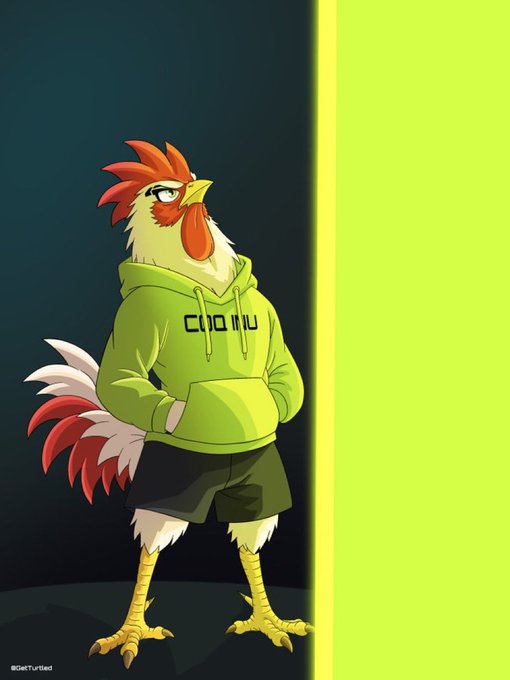 An anime-style rooster character wearing a green hoodie with text on it, dark shorts, standing with hands in pockets against a dark background with a bright green panel.