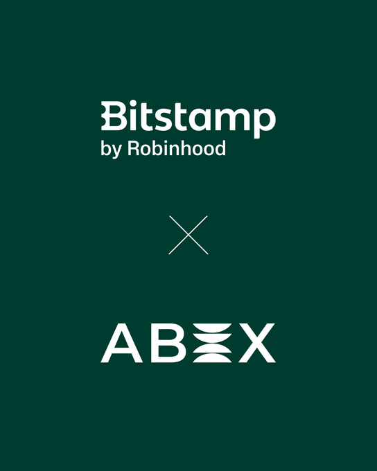 The image features a dark green background displaying the white logos of "Bitstamp by Robinhood" and "ABEX," separated by an "X" symbol, visually representing the new partnership and connectivity between the two trading platforms.