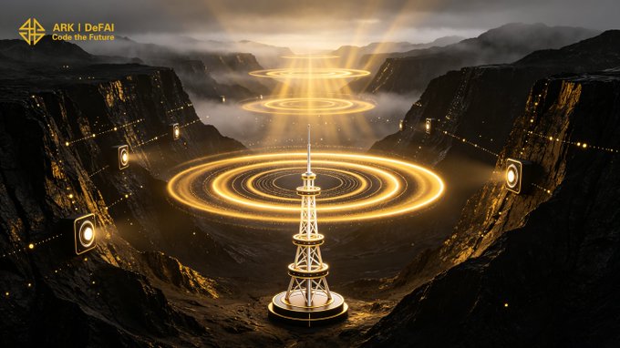 A digital artwork for "ARK | DeFAI" with the tagline "Code the Future," showing a glowing transmission tower emitting golden rings of light in a mountainous landscape.