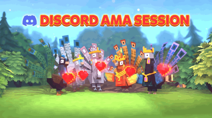Minecraft-style chickens wearing crowns hold apples beneath text reading 'DISCORD AMA SESSION' with the Discord logo.
