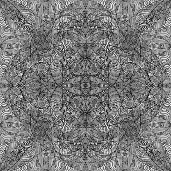 A black-and-white intricate kaleidoscopic pattern made of repeating curved lines and hidden eye motifs, creating a hypnotic symmetrical design.