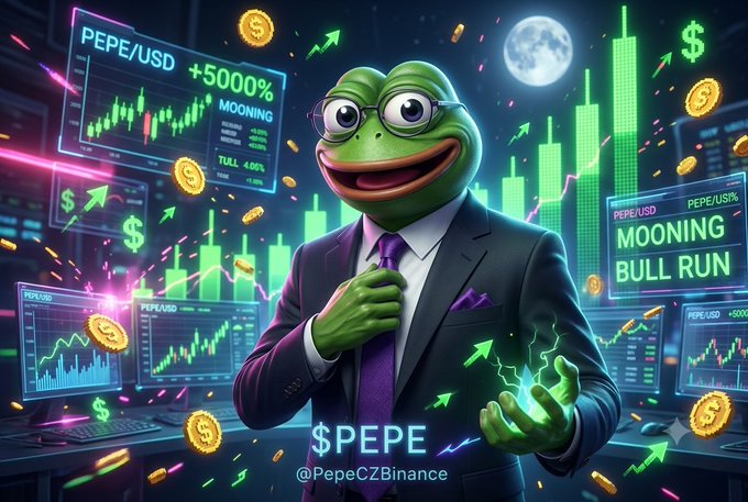 A digital illustration features Pepe the Frog wearing glasses and a business suit, surrounded by green stock charts, upward arrows, and the text 'PEPE/USD', 'MOONING BULL RUN', and '$PEPE @PepeCzBinance'.