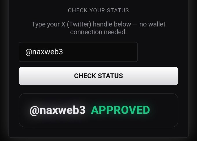 A dark-themed "Check Your Status" interface shows a Twitter/X handle "@naxweb3" entered into a search field, with the result displayed as "@naxweb3 APPROVED" in green text, indicating whitelist verification for the Zcash NFT minting project mentioned in the post.