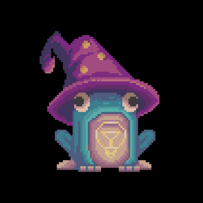 Pixel art sprite of a blue frog-like creature wearing a purple wizard hat with yellow stars and a glowing yellow emblem on its belly.