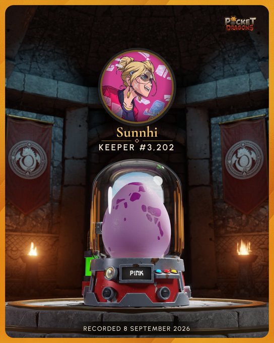 A "Pocket Dragons" game card displays a character named "Sunnhi KEEPER #3.202" above a pink dragon egg labeled "PINK," dated 8 September 2026.