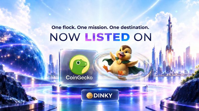 A promotional graphic announcing a CoinGecko listing for DINKY, featuring a cartoon duck with a cape, set against a futuristic cityscape with the text 'One flock. One mission. One destination. NOW LISTED ON'.