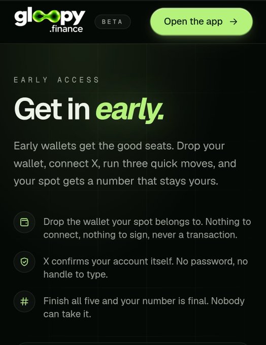 A promotional webpage for gloopy.finance's early access beta, instructing users to 'Get in early' by dropping their wallet, connecting X, and completing five steps to secure a permanent spot.