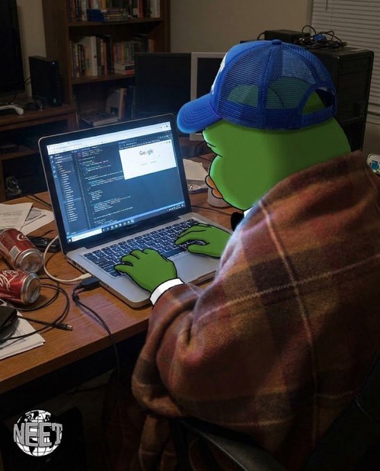 The image features a cartoon frog wearing a blue baseball cap sitting at a desk with a laptop computer, typing on the keyboard. The background shows a bookshelf filled with various items such as books and a TV. The caption of the image includes the text "Hey that's us! $NEET".