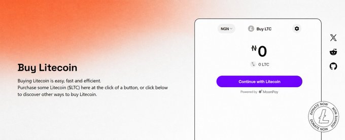 A promotional graphic for "Buy Litecoin" featuring a simple widget set to purchase 0 LTC in NGN (Nigerian Naira), with a "Continue with Litecoin" button powered by MoonPay, illustrating the post's claim that buying $LTC requires just one button click without bridges or gas tokens.