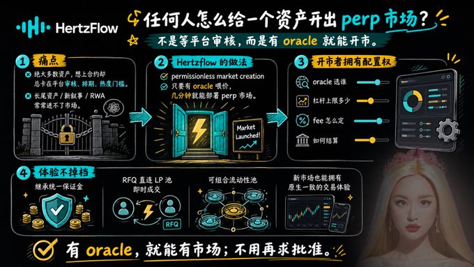 An infographic in Chinese explaining HertzFlow's approach to permissionless perp market creation, with the tagline '有 oracle, 就能有市场' (With an oracle, you can have a market).