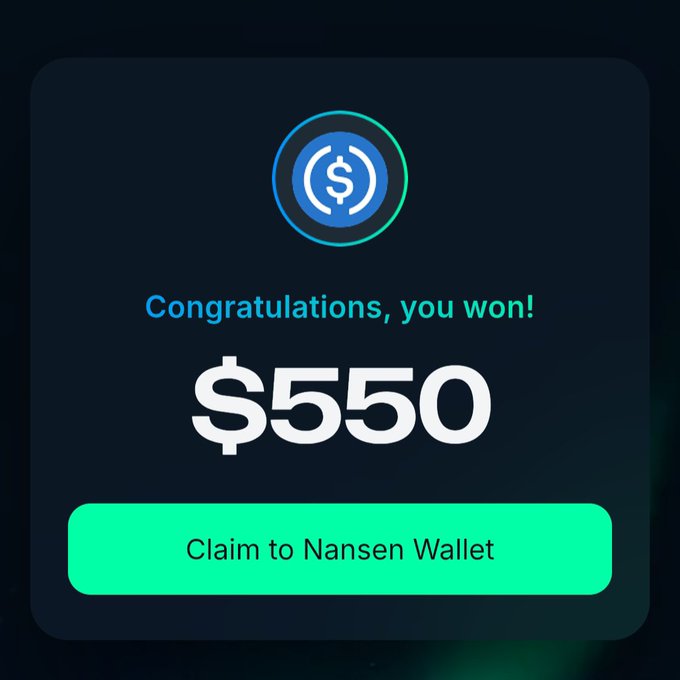 A screenshot of a "$550" prize notification from Nansen's final week raffle, featuring a "Claim to Nansen Wallet" button. The image appears to be promotional content claiming winnings to encourage others to participate using a referral link.