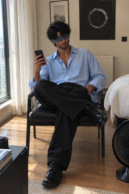 A man wearing a blue shirt, black pants, and black boots sits cross-legged in a chair while looking at his phone, with a sleep mask pushed up on his forehead.