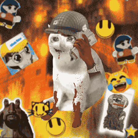A chaotic collage featuring a pale figure in a gray cap holding money, surrounded by flipped smiley faces, meme characters, and a burning orange background.