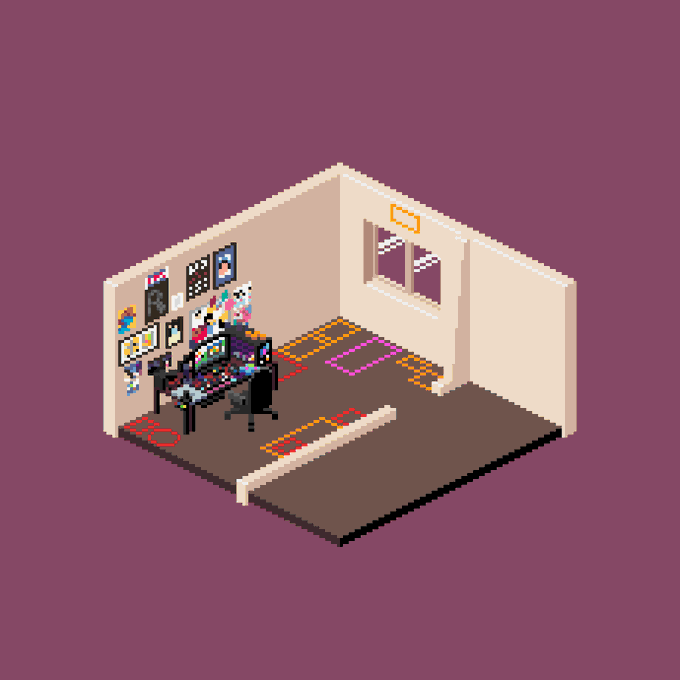 A pixel art isometric view of a small room containing a gaming or streaming setup, decorated with posters and neon-style lights, set against a solid purple background.
