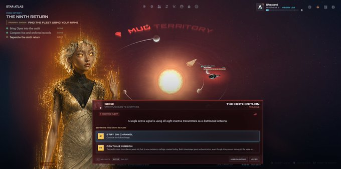 The image shows a Star Atlas game interface titled "THE NINTH RETURN" with a character named SAGE and a mission to "FIND THE FLEET USING YOUR NINE," displaying "MUC TERRITORY" on a star map with options to "RETRY ON CHANNEL" or "CONTINUE MISSION." This relates to the post as it showcases the SAGE AI assistant being used in the Star Atlas: Golden Era C4 playtest to help players navigate the game's space exploration missions.