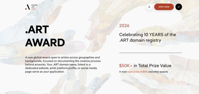 Webpage for .ART Award 2026, celebrating 10 years of the .ART domain registry, offering $50K+ in total prize value with a main cash prize of $15K.