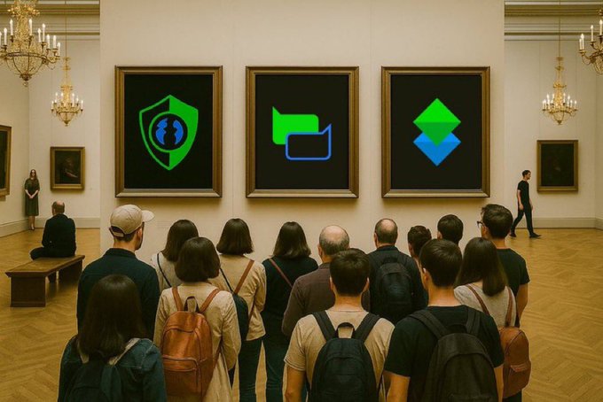 An artistic depiction of people in an art gallery viewing three large framed digital artworks featuring crypto-related logos, including a green shield icon, a chat bubble icon, and a green and blue Ethereum-like symbol.