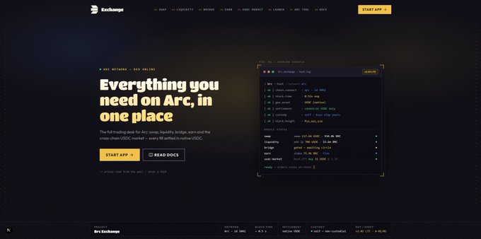 A website landing page for 'Exchange' features the headline 'Everything you need to Arc, in one place' with a 'START APP' button and a code snippet example, all set on a dark background.