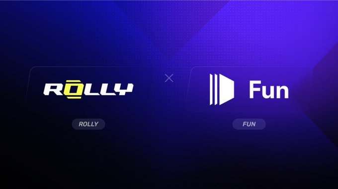 The image features a logo for two companies named Rolly and Fun. The logo consists of a yellow "R" and a white "O", with the words "Rolly" written below them, and the word "Fun" written above them. Both logos are displayed against a blue background that has a diamond pattern on it. Below the logos, there is text that reads: "Keep on rolling with Rolly. The payment rails behind Polymarket & Lighter are now powered by Rolly. @rolly_onchain has officially partnered with @fun to take the payment experience to the next level".
