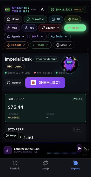 The image shows a dark-themed mobile terminal interface called "Cheshire Terminal" featuring an "Imperial Desk" with RPC routing to 3NHM…iGC1, displaying perpetual futures data including SOL-PERP at $75.44 and BTC-PERP at 1.50 via Phoenix DEX, along with navigation tabs for Home, CLAWD, Free, Trade, and social features.

This relates to the post by showcasing the working "Cheshire Terminal" iOS app on Solana Mobile, which automates Phoenix Trade perps routing through Imperial Perps infrastructure as described.